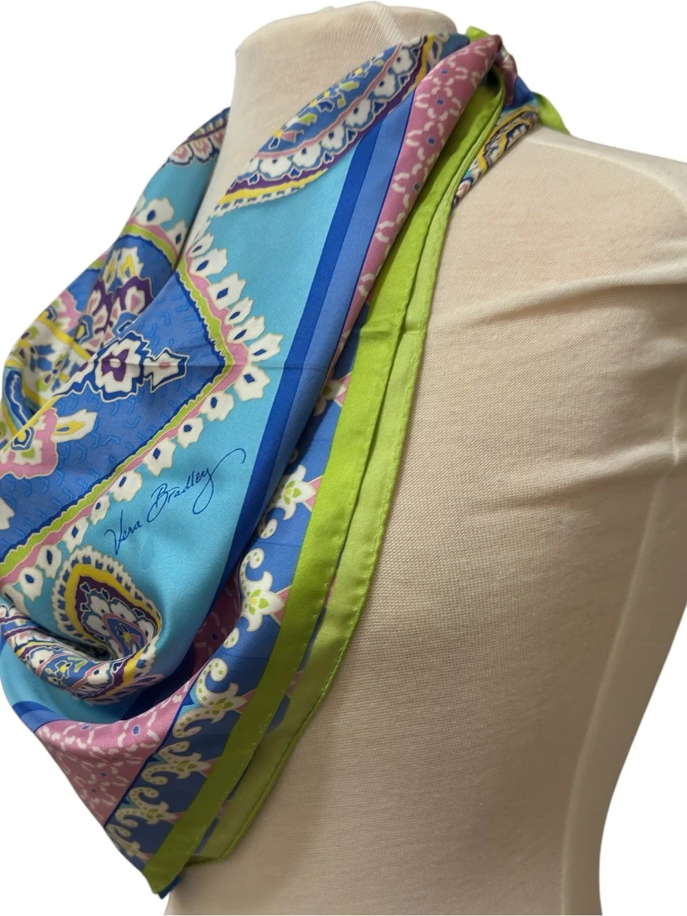 Vera Bradley 100% Silk Square Scarf 27” Paisley Blue Green Pink